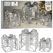 Dekoracja ozdoba świąteczna świecące prezenty srebrne zestaw LED 3 szt.