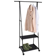 Wieszak stojak na ubrania z półkami na kółkach metalowy czarny / garderoba 85x46x157 cm