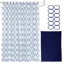 Zasłona prysznicowa i dywanik łazienkowy haczyki niebieski 180x180 cm